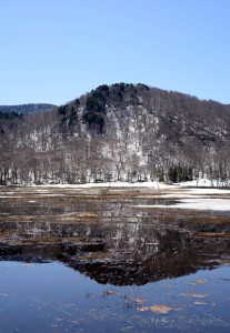  尾瀬ヶ原湖に写る山