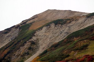 裸の山肌と紅葉